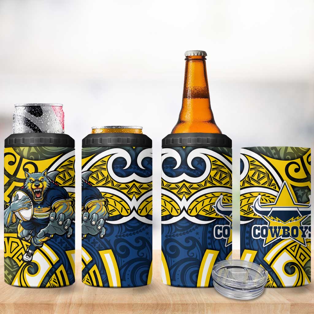 North Queensland Cowboys Rugby 4 in 1 Can Cooler Tumbler Polynesian Tribal Bull Warrior Navy Yellow Pattern