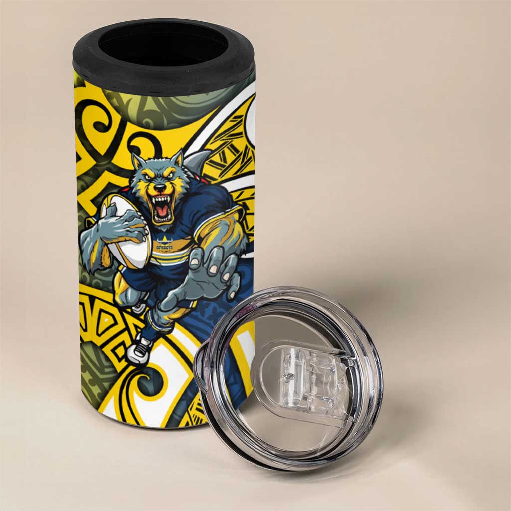 North Queensland Cowboys Rugby 4 in 1 Can Cooler Tumbler Polynesian Tribal Bull Warrior Navy Yellow Pattern
