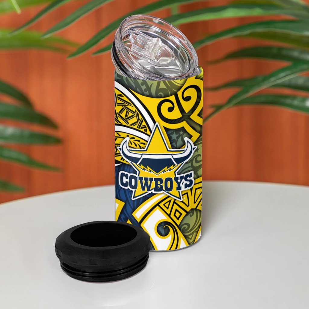 North Queensland Cowboys Rugby 4 in 1 Can Cooler Tumbler Polynesian Tribal Bull Warrior Navy Yellow Pattern