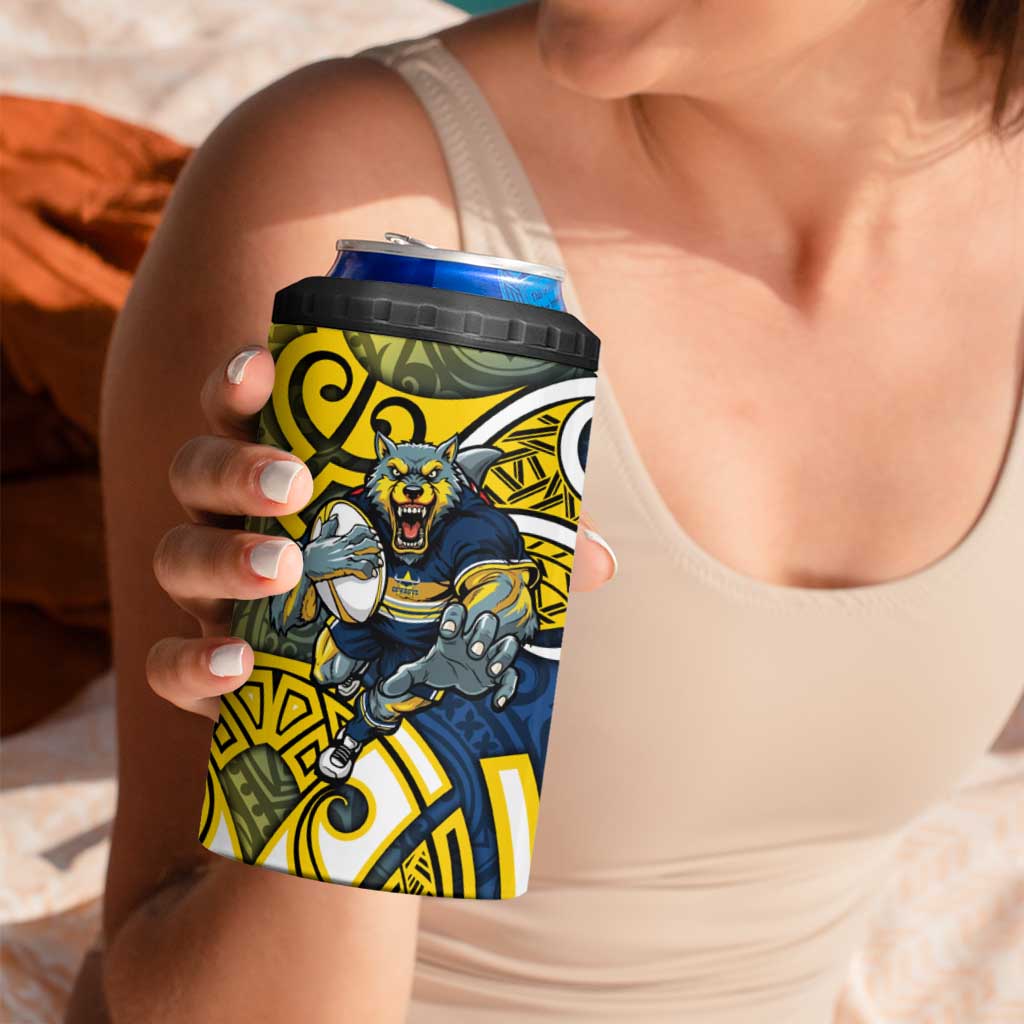 North Queensland Cowboys Rugby 4 in 1 Can Cooler Tumbler Polynesian Tribal Bull Warrior Navy Yellow Pattern