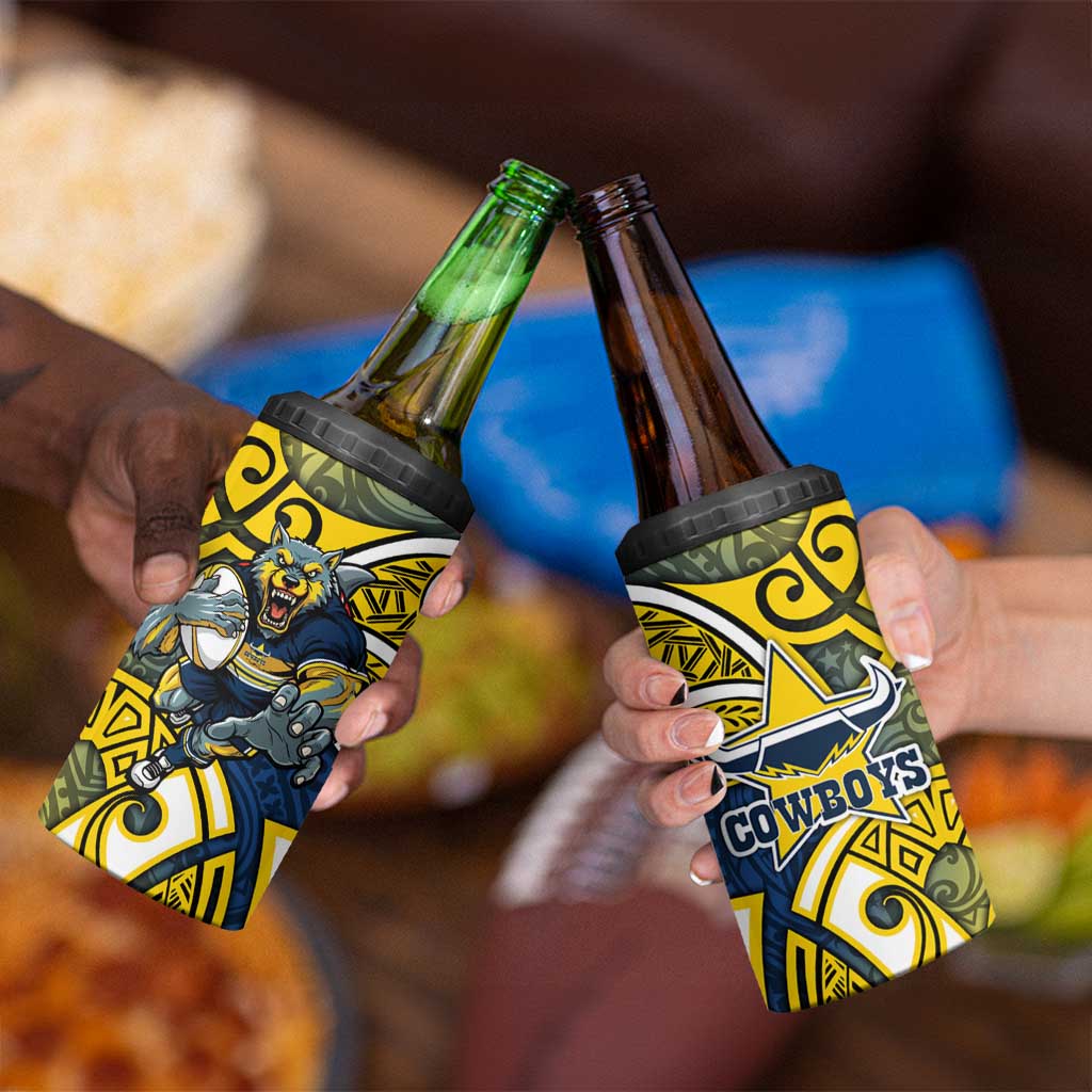 North Queensland Cowboys Rugby 4 in 1 Can Cooler Tumbler Polynesian Tribal Bull Warrior Navy Yellow Pattern