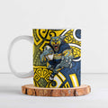 North Queensland Cowboys Rugby Ceramic Mug Polynesian Tribal Bull Warrior Navy Yellow Pattern