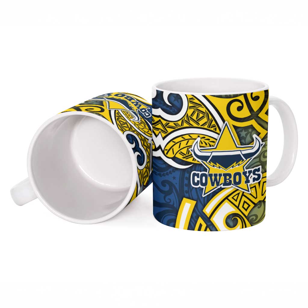 North Queensland Cowboys Rugby Ceramic Mug Polynesian Tribal Bull Warrior Navy Yellow Pattern