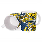 North Queensland Cowboys Rugby Ceramic Mug Polynesian Tribal Bull Warrior Navy Yellow Pattern
