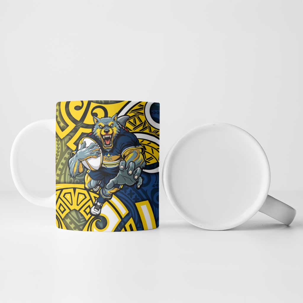 North Queensland Cowboys Rugby Ceramic Mug Polynesian Tribal Bull Warrior Navy Yellow Pattern