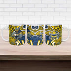 North Queensland Cowboys Rugby Ceramic Mug Polynesian Tribal Bull Warrior Navy Yellow Pattern
