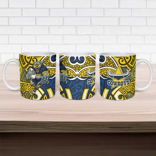 North Queensland Cowboys Rugby Ceramic Mug Polynesian Tribal Bull Warrior Navy Yellow Pattern