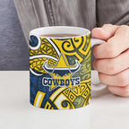 North Queensland Cowboys Rugby Ceramic Mug Polynesian Tribal Bull Warrior Navy Yellow Pattern