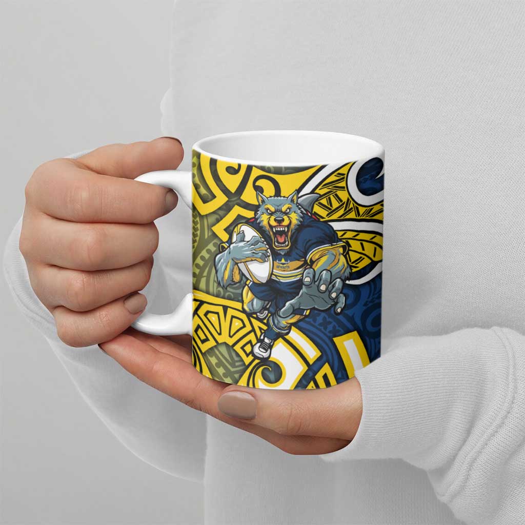 North Queensland Cowboys Rugby Ceramic Mug Polynesian Tribal Bull Warrior Navy Yellow Pattern