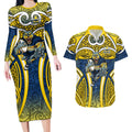 North Queensland Cowboys Rugby Couples Matching Long Sleeve Bodycon Dress and Hawaiian Shirt Polynesian Tribal Bull Warrior Navy Yellow Pattern