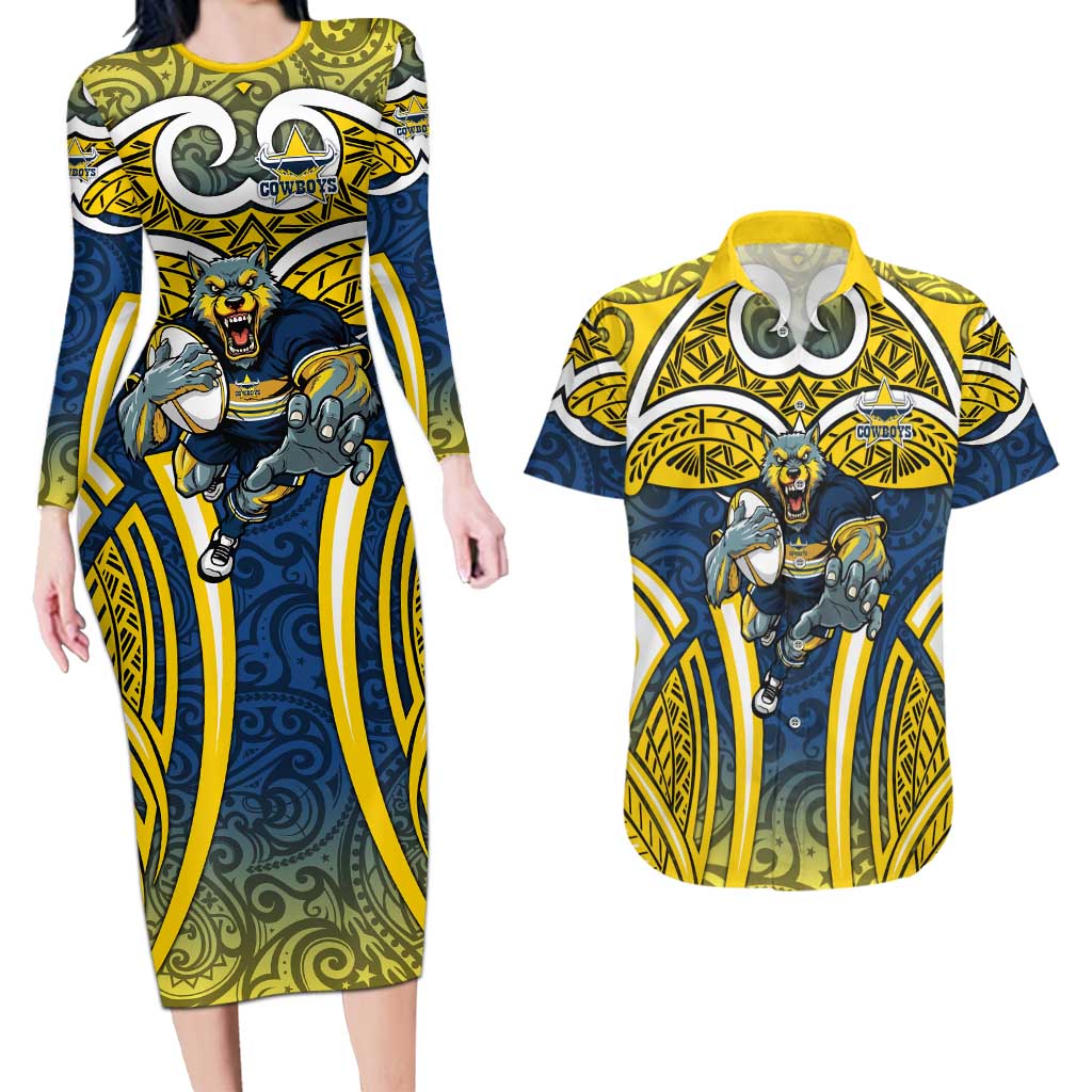 North Queensland Cowboys Rugby Couples Matching Long Sleeve Bodycon Dress and Hawaiian Shirt Polynesian Tribal Bull Warrior Navy Yellow Pattern