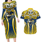 North Queensland Cowboys Rugby Couples Matching Long Sleeve Bodycon Dress and Hawaiian Shirt Polynesian Tribal Bull Warrior Navy Yellow Pattern