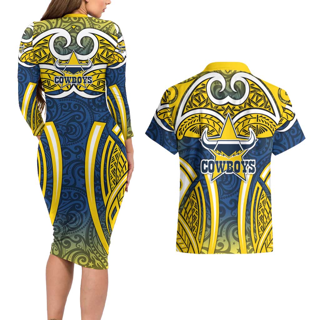 North Queensland Cowboys Rugby Couples Matching Long Sleeve Bodycon Dress and Hawaiian Shirt Polynesian Tribal Bull Warrior Navy Yellow Pattern