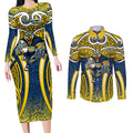 North Queensland Cowboys Rugby Couples Matching Long Sleeve Bodycon Dress and Long Sleeve Button Shirt Polynesian Tribal Bull Warrior Navy Yellow Pattern