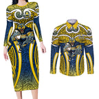 North Queensland Cowboys Rugby Couples Matching Long Sleeve Bodycon Dress and Long Sleeve Button Shirt Polynesian Tribal Bull Warrior Navy Yellow Pattern