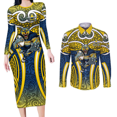 North Queensland Cowboys Rugby Couples Matching Long Sleeve Bodycon Dress and Long Sleeve Button Shirt Polynesian Tribal Bull Warrior Navy Yellow Pattern