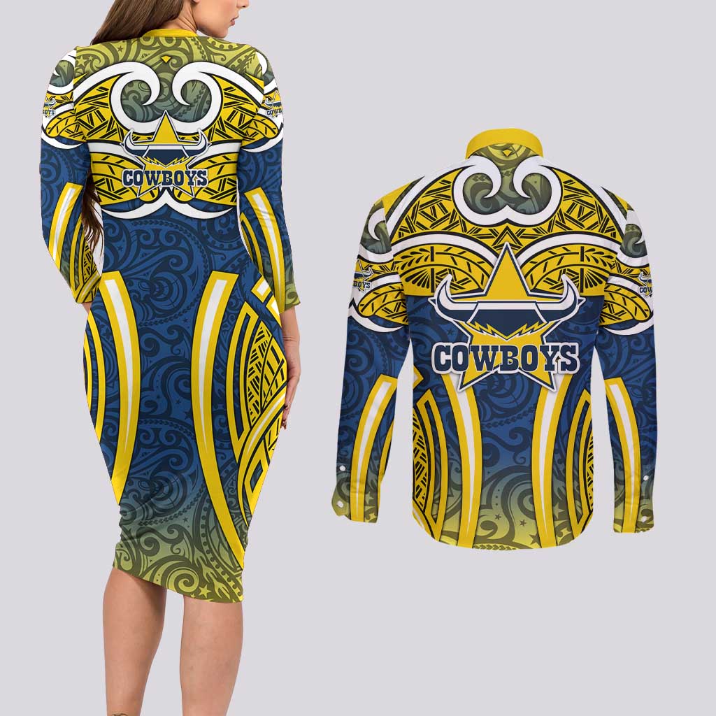 North Queensland Cowboys Rugby Couples Matching Long Sleeve Bodycon Dress and Long Sleeve Button Shirt Polynesian Tribal Bull Warrior Navy Yellow Pattern