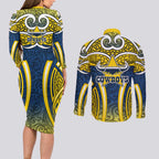 North Queensland Cowboys Rugby Couples Matching Long Sleeve Bodycon Dress and Long Sleeve Button Shirt Polynesian Tribal Bull Warrior Navy Yellow Pattern