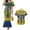 North Queensland Cowboys Rugby Couples Matching Mermaid Dress and Hawaiian Shirt Polynesian Tribal Bull Warrior Navy Yellow Pattern