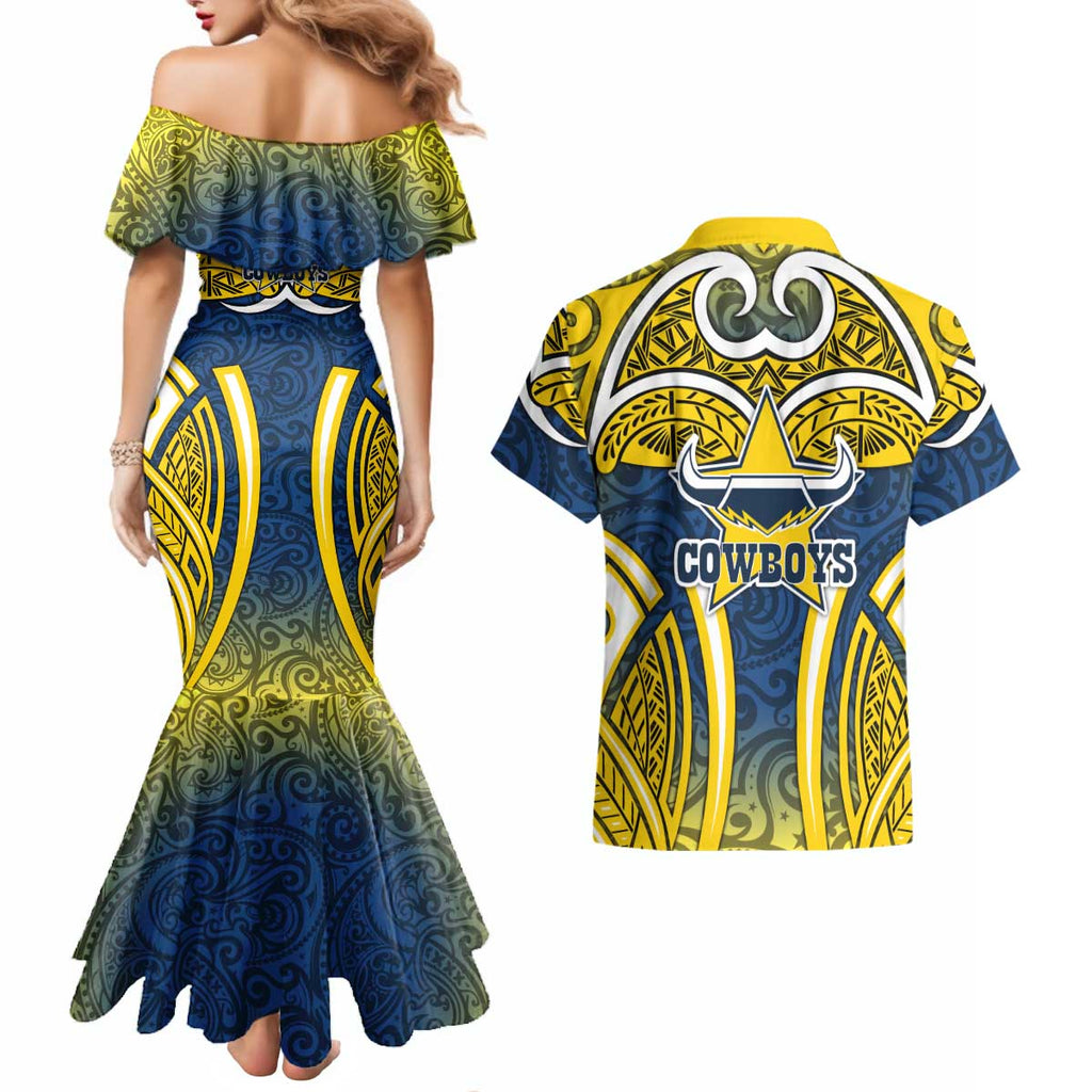 North Queensland Cowboys Rugby Couples Matching Mermaid Dress and Hawaiian Shirt Polynesian Tribal Bull Warrior Navy Yellow Pattern