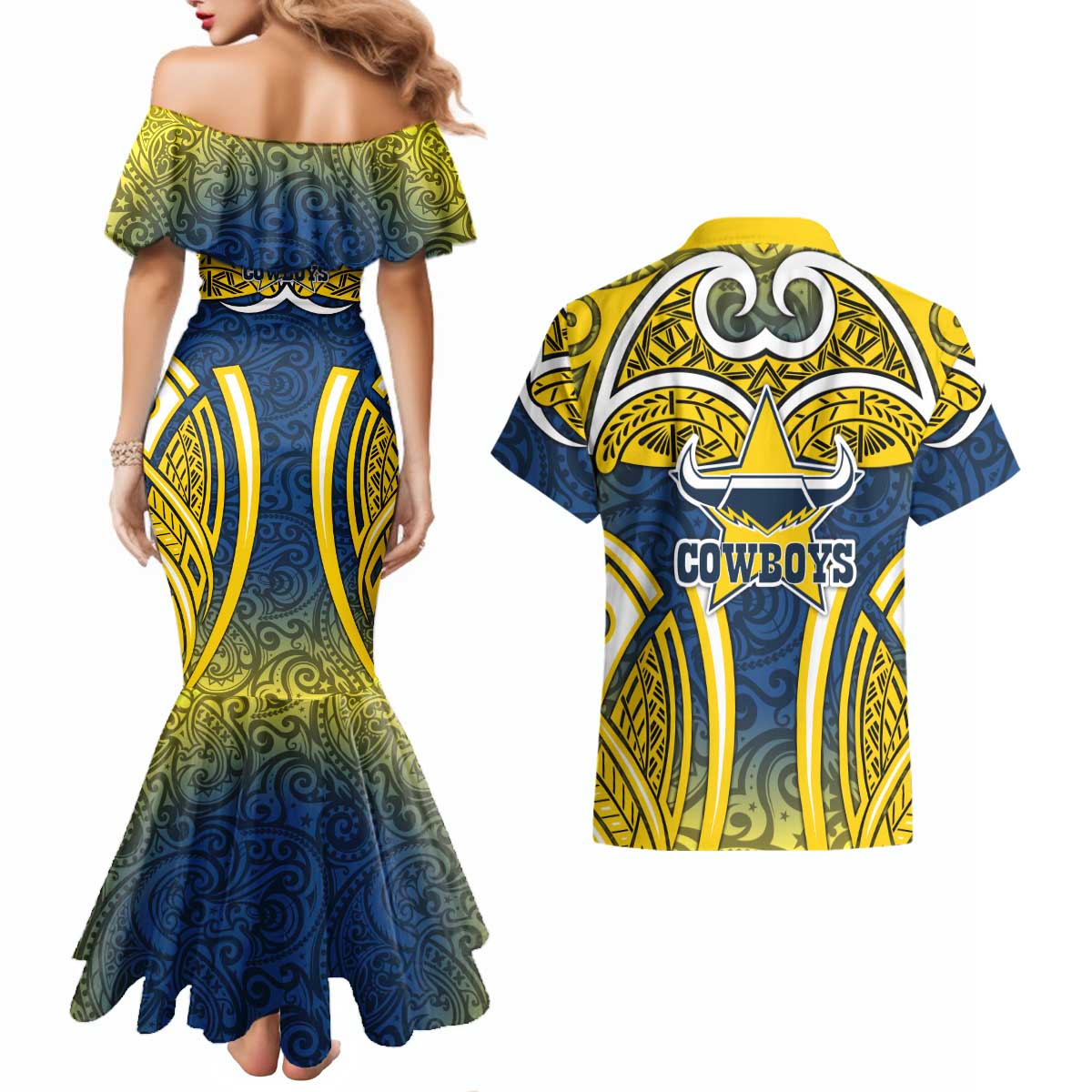 North Queensland Cowboys Rugby Couples Matching Mermaid Dress and Hawaiian Shirt Polynesian Tribal Bull Warrior Navy Yellow Pattern