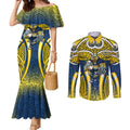 North Queensland Cowboys Rugby Couples Matching Mermaid Dress and Long Sleeve Button Shirt Polynesian Tribal Bull Warrior Navy Yellow Pattern