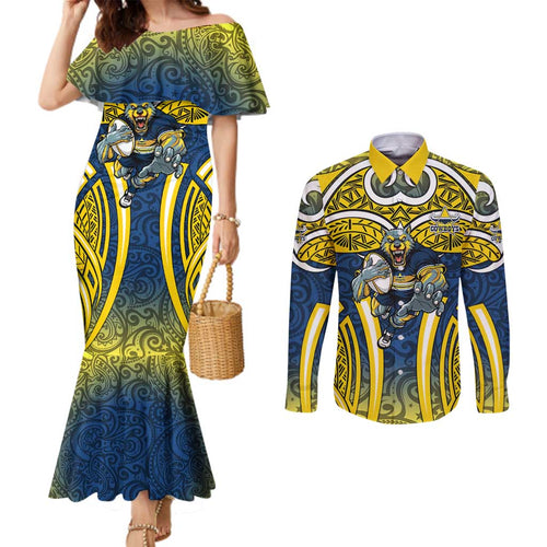North Queensland Cowboys Rugby Couples Matching Mermaid Dress and Long Sleeve Button Shirt Polynesian Tribal Bull Warrior Navy Yellow Pattern