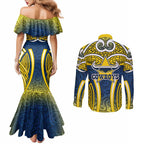 North Queensland Cowboys Rugby Couples Matching Mermaid Dress and Long Sleeve Button Shirt Polynesian Tribal Bull Warrior Navy Yellow Pattern