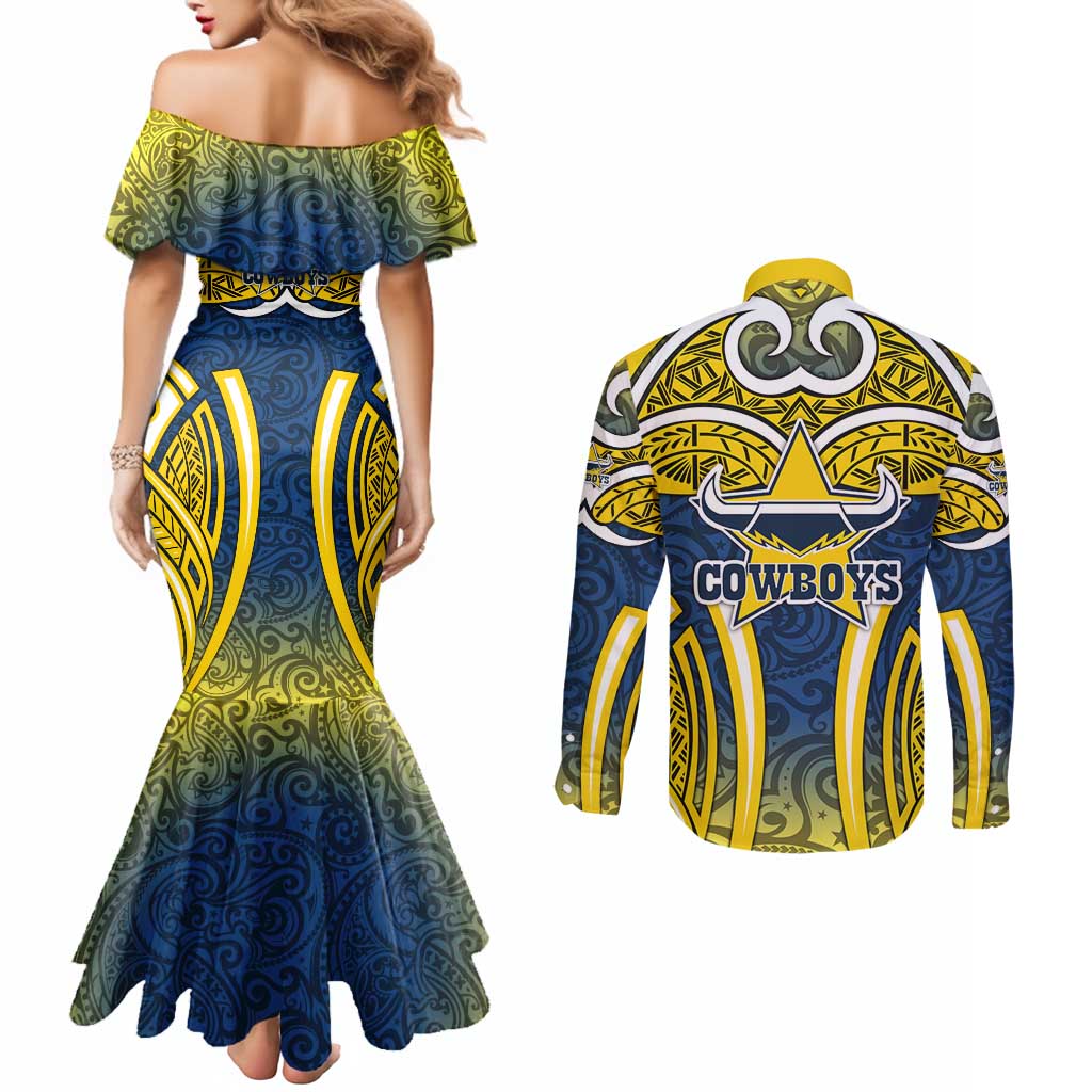 North Queensland Cowboys Rugby Couples Matching Mermaid Dress and Long Sleeve Button Shirt Polynesian Tribal Bull Warrior Navy Yellow Pattern