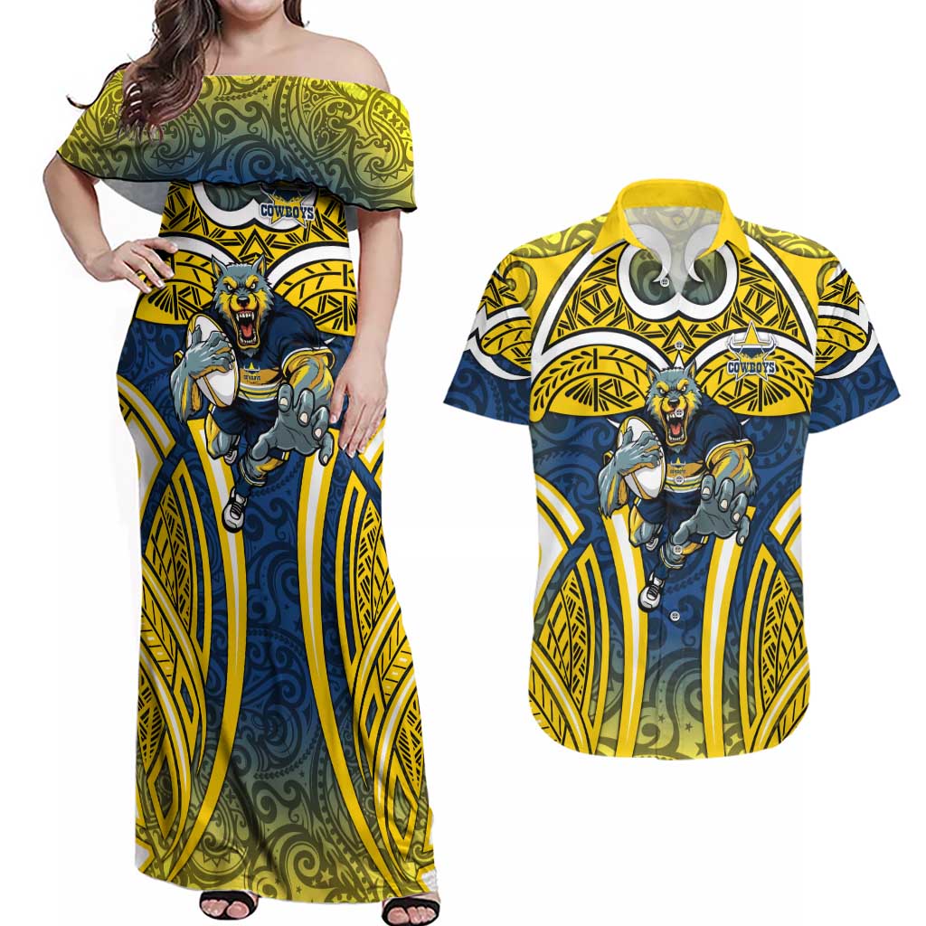 North Queensland Cowboys Rugby Couples Matching Off Shoulder Maxi Dress and Hawaiian Shirt Polynesian Tribal Bull Warrior Navy Yellow Pattern