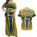 North Queensland Cowboys Rugby Couples Matching Off Shoulder Maxi Dress and Hawaiian Shirt Polynesian Tribal Bull Warrior Navy Yellow Pattern