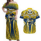 North Queensland Cowboys Rugby Couples Matching Off Shoulder Maxi Dress and Hawaiian Shirt Polynesian Tribal Bull Warrior Navy Yellow Pattern