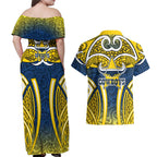 North Queensland Cowboys Rugby Couples Matching Off Shoulder Maxi Dress and Hawaiian Shirt Polynesian Tribal Bull Warrior Navy Yellow Pattern