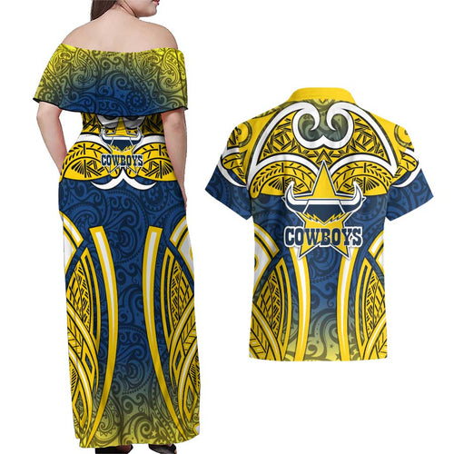 North Queensland Cowboys Rugby Couples Matching Off Shoulder Maxi Dress and Hawaiian Shirt Polynesian Tribal Bull Warrior Navy Yellow Pattern