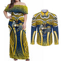 North Queensland Cowboys Rugby Couples Matching Off Shoulder Maxi Dress and Long Sleeve Button Shirt Polynesian Tribal Bull Warrior Navy Yellow Pattern