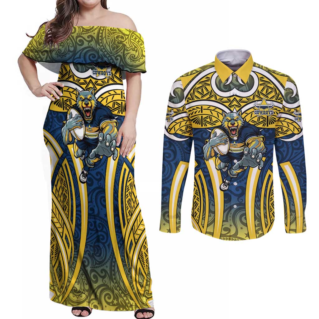North Queensland Cowboys Rugby Couples Matching Off Shoulder Maxi Dress and Long Sleeve Button Shirt Polynesian Tribal Bull Warrior Navy Yellow Pattern