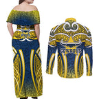 North Queensland Cowboys Rugby Couples Matching Off Shoulder Maxi Dress and Long Sleeve Button Shirt Polynesian Tribal Bull Warrior Navy Yellow Pattern