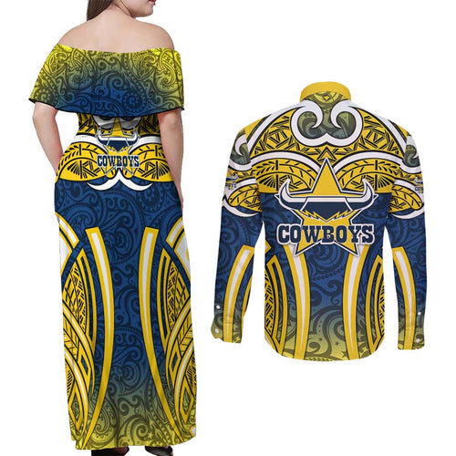 North Queensland Cowboys Rugby Couples Matching Off Shoulder Maxi Dress and Long Sleeve Button Shirt Polynesian Tribal Bull Warrior Navy Yellow Pattern