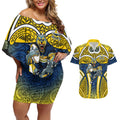 North Queensland Cowboys Rugby Couples Matching Off Shoulder Short Dress and Hawaiian Shirt Polynesian Tribal Bull Warrior Navy Yellow Pattern