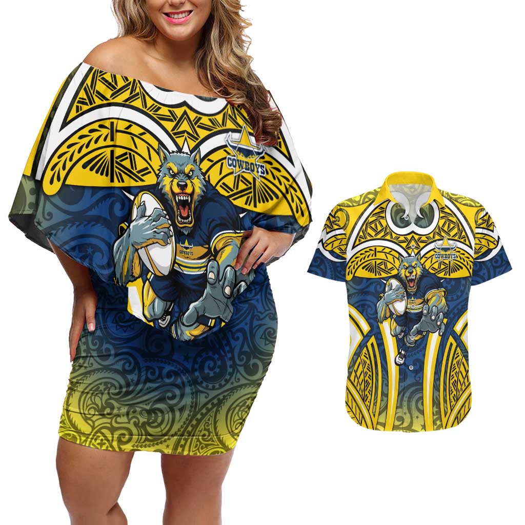 North Queensland Cowboys Rugby Couples Matching Off Shoulder Short Dress and Hawaiian Shirt Polynesian Tribal Bull Warrior Navy Yellow Pattern