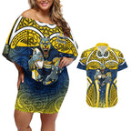 North Queensland Cowboys Rugby Couples Matching Off Shoulder Short Dress and Hawaiian Shirt Polynesian Tribal Bull Warrior Navy Yellow Pattern