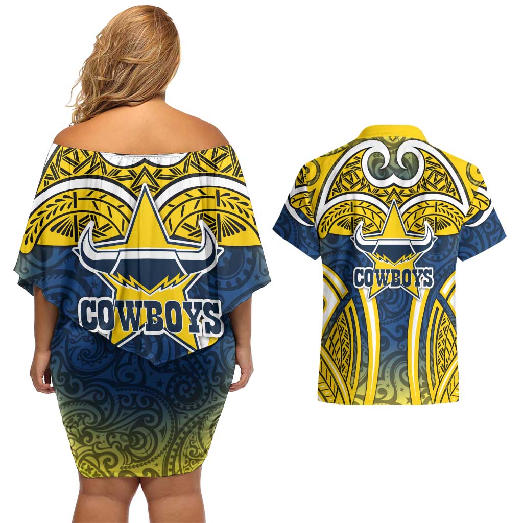 North Queensland Cowboys Rugby Couples Matching Off Shoulder Short Dress and Hawaiian Shirt Polynesian Tribal Bull Warrior Navy Yellow Pattern