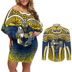 North Queensland Cowboys Rugby Couples Matching Off Shoulder Short Dress and Long Sleeve Button Shirt Polynesian Tribal Bull Warrior Navy Yellow Pattern