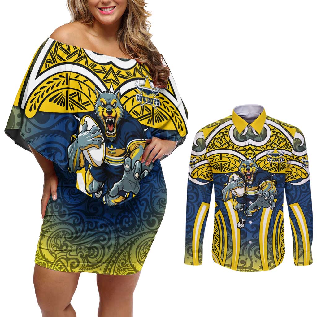North Queensland Cowboys Rugby Couples Matching Off Shoulder Short Dress and Long Sleeve Button Shirt Polynesian Tribal Bull Warrior Navy Yellow Pattern