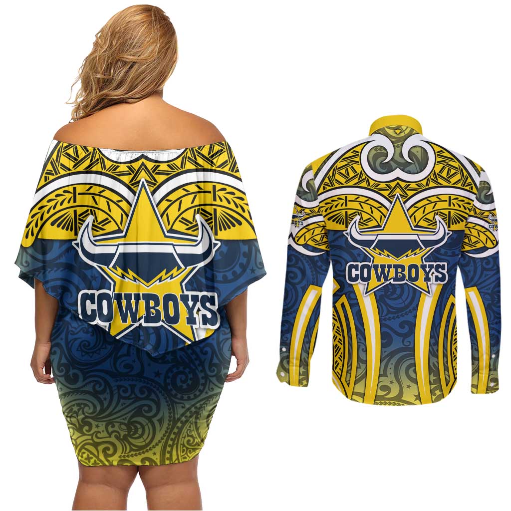 North Queensland Cowboys Rugby Couples Matching Off Shoulder Short Dress and Long Sleeve Button Shirt Polynesian Tribal Bull Warrior Navy Yellow Pattern