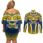 North Queensland Cowboys Rugby Couples Matching Off Shoulder Short Dress and Long Sleeve Button Shirt Polynesian Tribal Bull Warrior Navy Yellow Pattern