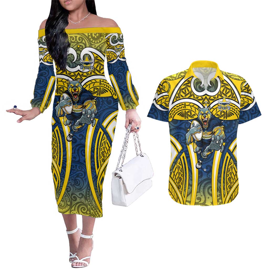 North Queensland Cowboys Rugby Couples Matching Off The Shoulder Long Sleeve Dress and Hawaiian Shirt Polynesian Tribal Bull Warrior Navy Yellow Pattern