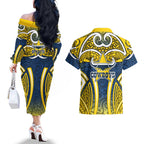 North Queensland Cowboys Rugby Couples Matching Off The Shoulder Long Sleeve Dress and Hawaiian Shirt Polynesian Tribal Bull Warrior Navy Yellow Pattern