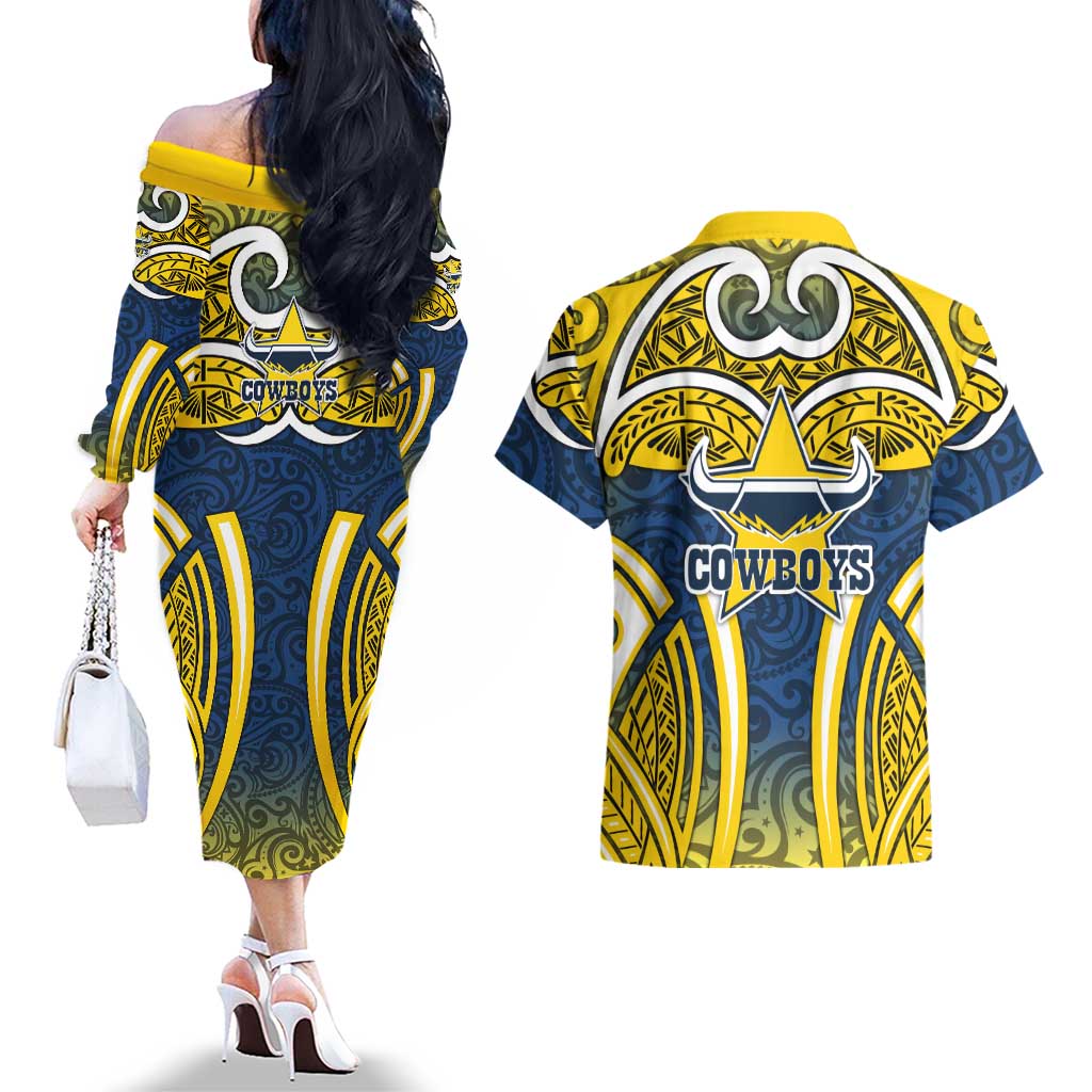 North Queensland Cowboys Rugby Couples Matching Off The Shoulder Long Sleeve Dress and Hawaiian Shirt Polynesian Tribal Bull Warrior Navy Yellow Pattern