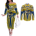 North Queensland Cowboys Rugby Couples Matching Off The Shoulder Long Sleeve Dress and Long Sleeve Button Shirt Polynesian Tribal Bull Warrior Navy Yellow Pattern